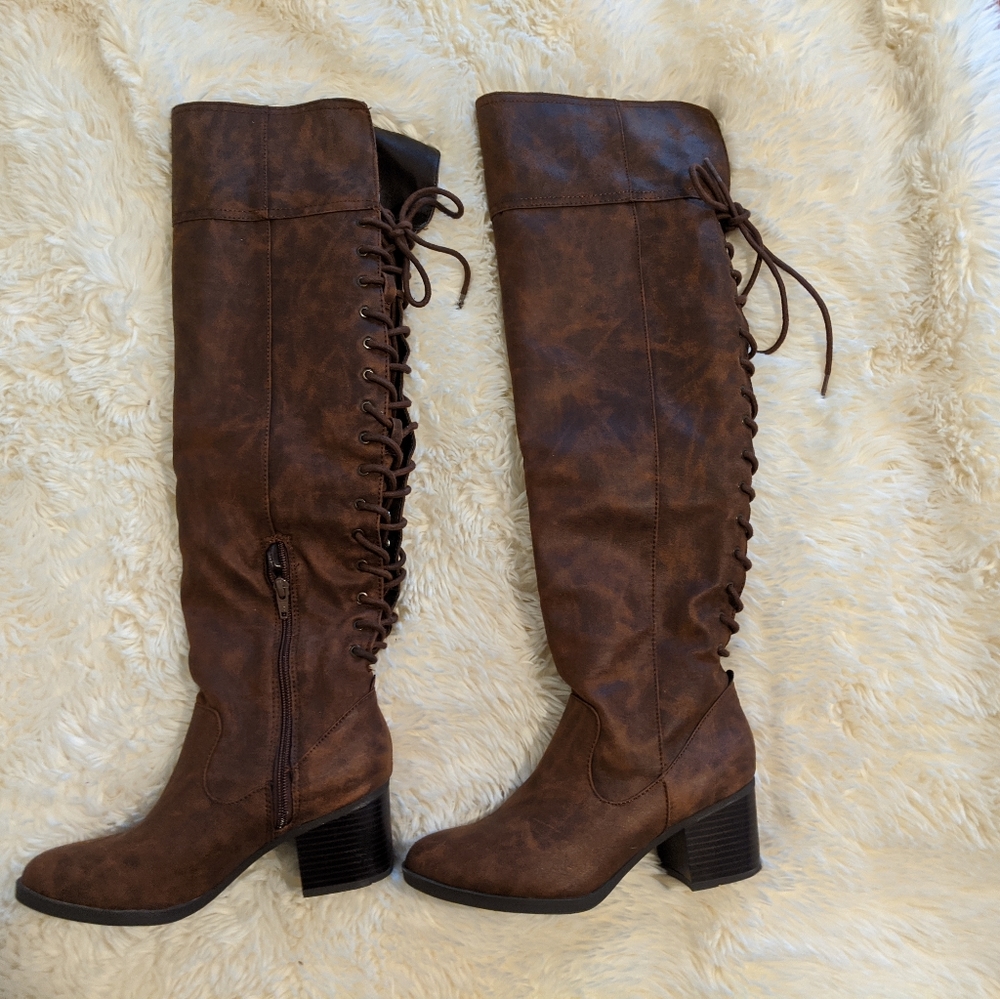 Cognac Thigh High Lace Up Boots